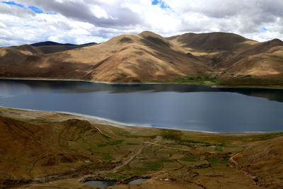 Scenic view of lake and mountains against sky