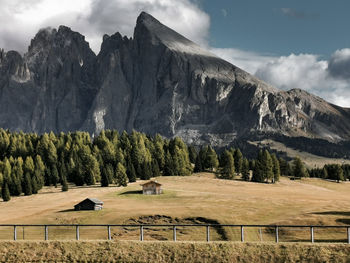 Scenic view of trees and mountains against sky