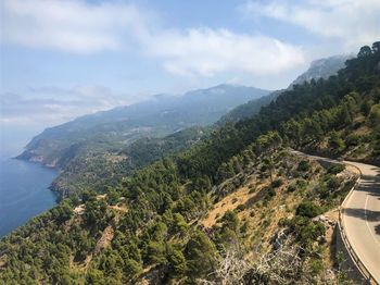 High angle view of trees and mountains against sky