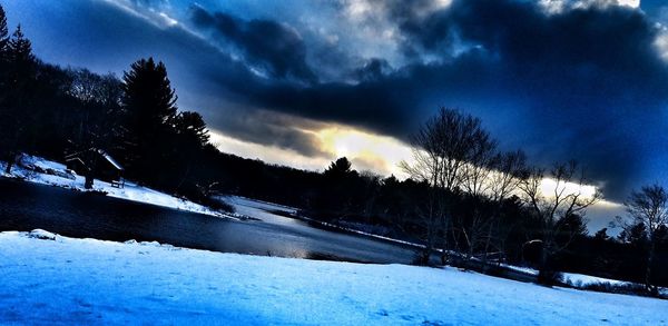 Silhouette trees on landscape against sky during winter