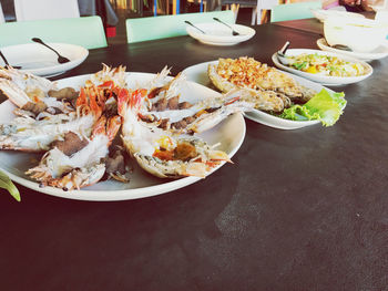 High angle view of meal served on table