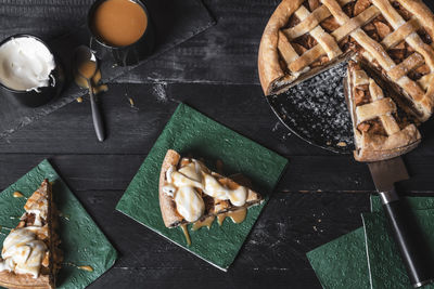 High angle view of pie on table