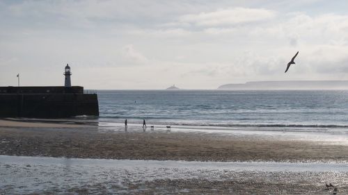 Distant view of silhouette people on sea shore against sky