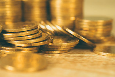 Close-up of coins on table