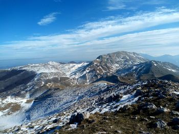 Aerial view of snowcapped mountains against sky