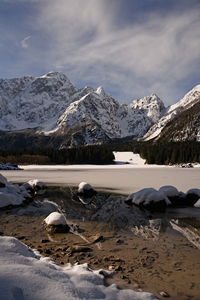 Scenic view of snowcapped mountains against sky