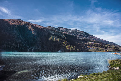 Scenic view of lake and mountains against sky