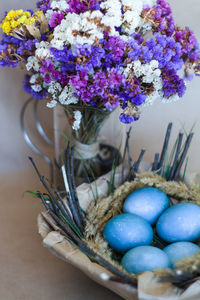 Close-up of purple flowers on table