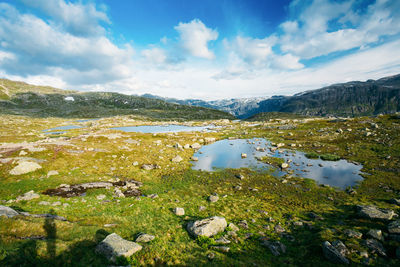 Scenic view of lake and mountains against sky