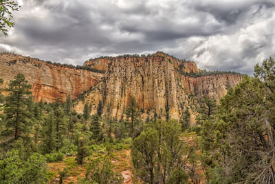 Panoramic view of trees and rocks against cloudy sky