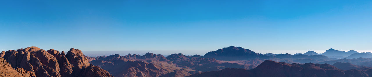 Panoramic view of mountains against clear blue sky