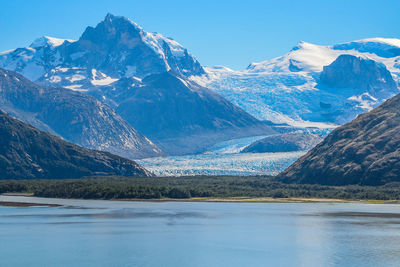 Scenic view of snowcapped mountains by lake against sky