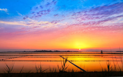 Scenic view of lake against romantic sky at sunset