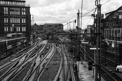 Railroad tracks amidst buildings against cloudy sky