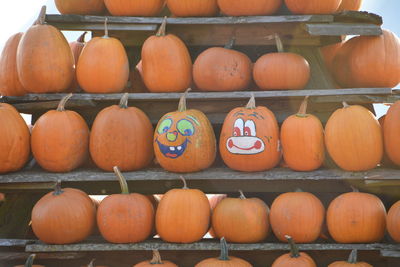 Pumpkins on shelves for sale at market