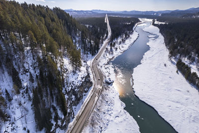 High angle view of snow covered landscape