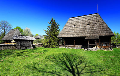 House and trees on field against clear blue sky