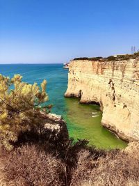 Scenic view of sea against clear blue sky