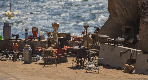 Lounge chairs and tables on beach