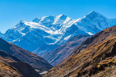 Scenic view of snowcapped mountains against clear blue sky