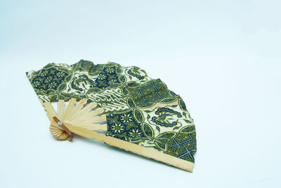 High angle view of leaf on table against white background