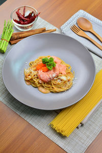 High angle view of meal served on table