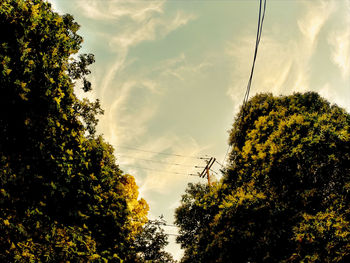 Low angle view of power lines against cloudy sky