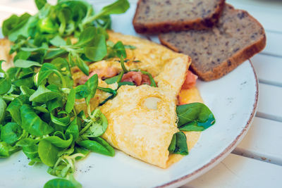 High angle view of breakfast served in plate