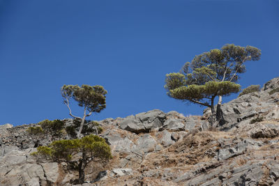 Low angle view of rock formation against clear blue sky