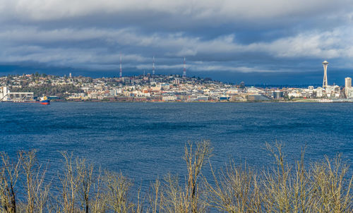 A view of queen anne hill across elliott bay in seattle, washington.