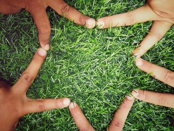 Cropped hands making star shape on grassy field