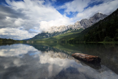 Scenic view of lake and mountains against sky