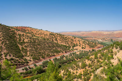 Scenic view of landscape against clear blue sky