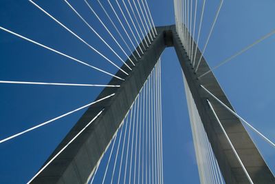 Low angle view of suspension bridge against blue sky