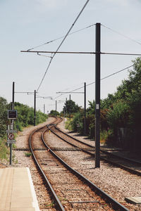 Railroad tracks on field against clear sky