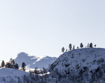 Low angle view of snowcapped mountains against clear sky