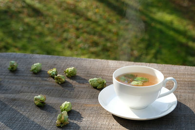 High angle view of breakfast on table