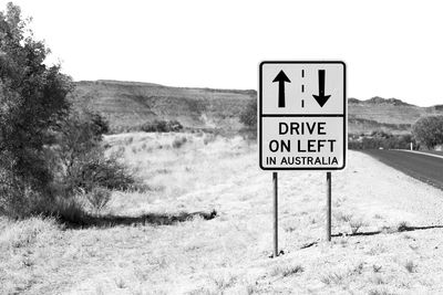 Information sign on field by road against sky