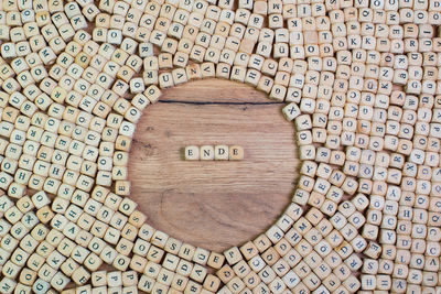 High angle view of wooden letter toy blocks on table