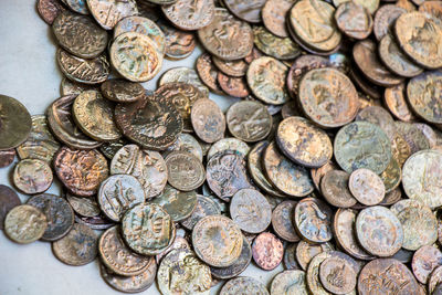 High angle view of coins