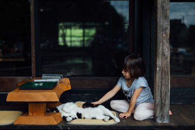 Girl petting cat at home