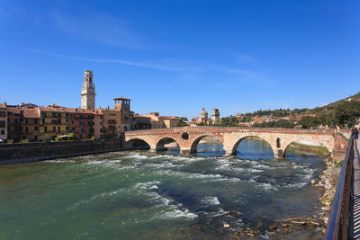 Arch bridge over river against blue sky