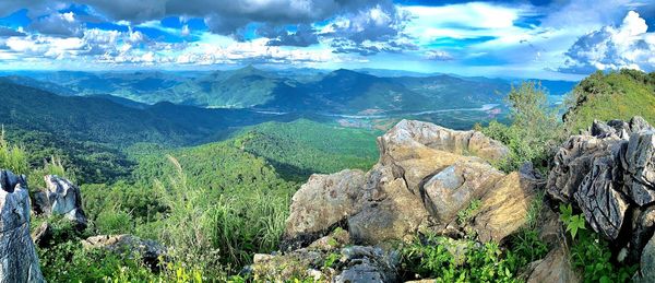 Panoramic view of landscape and mountains against sky