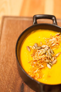 High angle view of soup in bowl on table