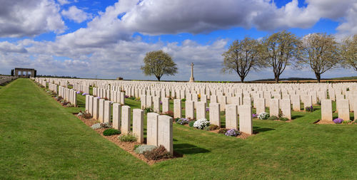 Panoramic view of cemetery against sky