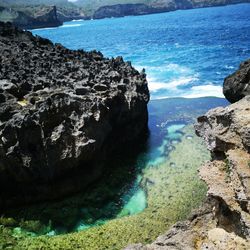 High angle view of rocks on sea shore