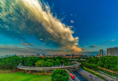 High angle view of city against blue sky