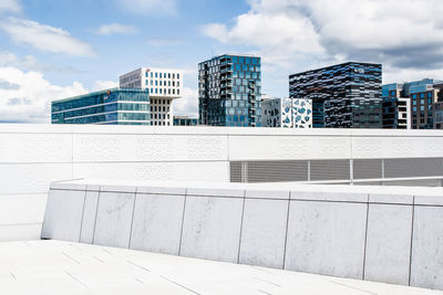 Building terrace against modern towers in city