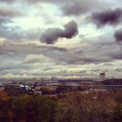 Buildings against cloudy sky