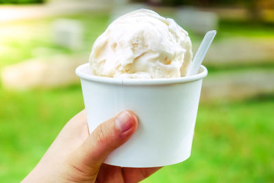 Close-up of hand holding ice cream at park